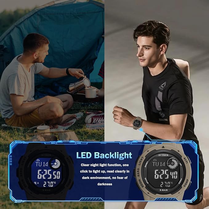 AVTREK Tactical Watch with Compass, 50M Waterproof Pedometer, Digital Altimeter - Image 6
