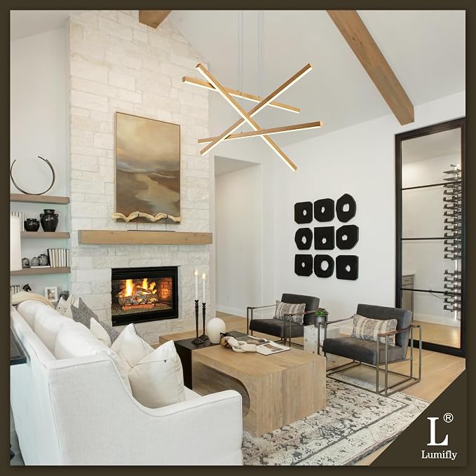 Linear Pendant Light Mdoern LED Chandelier 32" Boho Oak Wood Painted Ceiling - Image 3