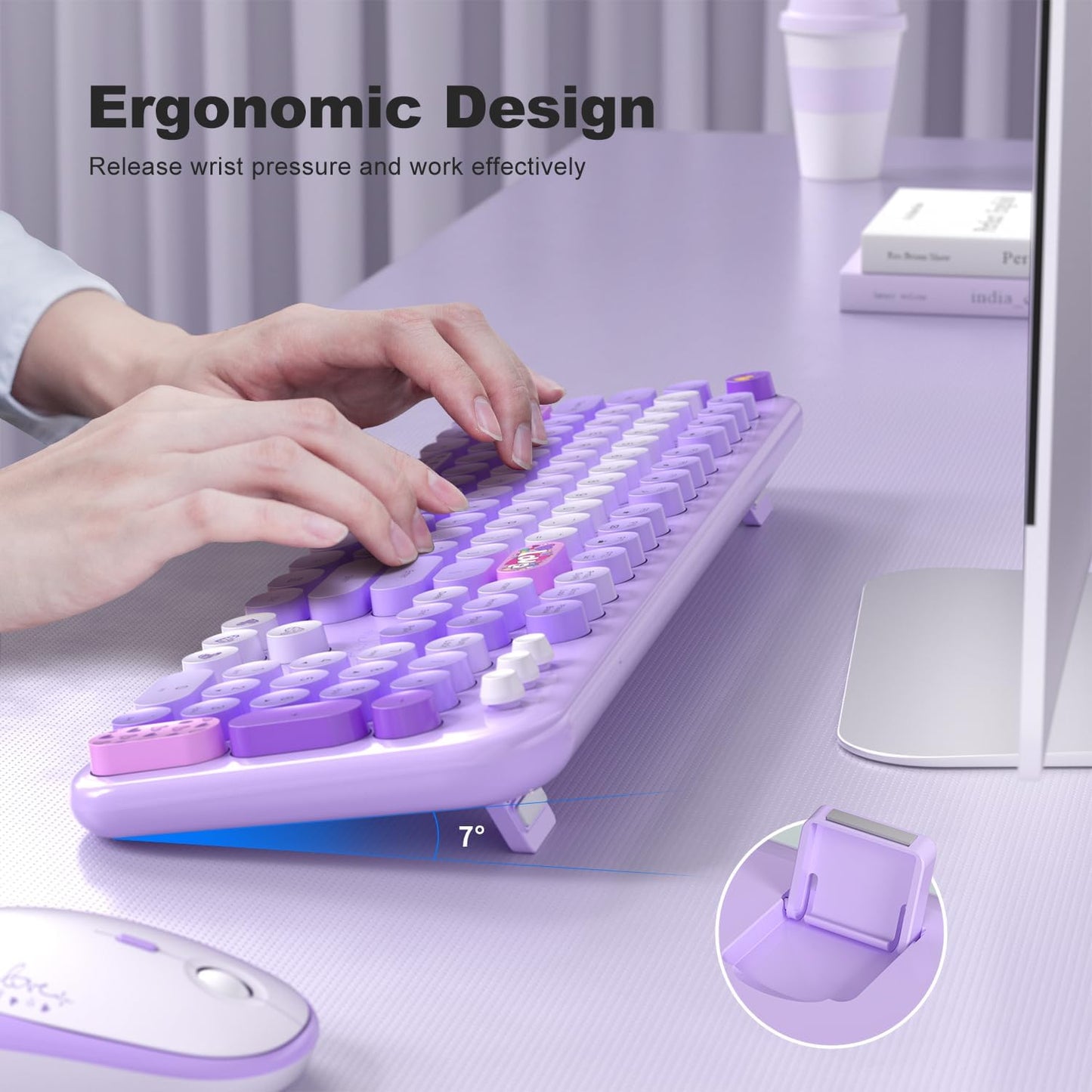 Wireless Keyboard and Mouse Combo, MOWUX Full Size Typewriter Retro Round Computer Keyboard, Cute Optical Mouse Wireless, Plug and Play, for Laptop, PC, Computer- Purple Heart