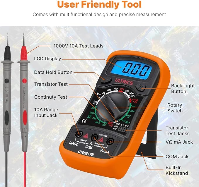 Digital Multimeter Tester by ULTRICS, Data Hold and Test Leads - Image 2