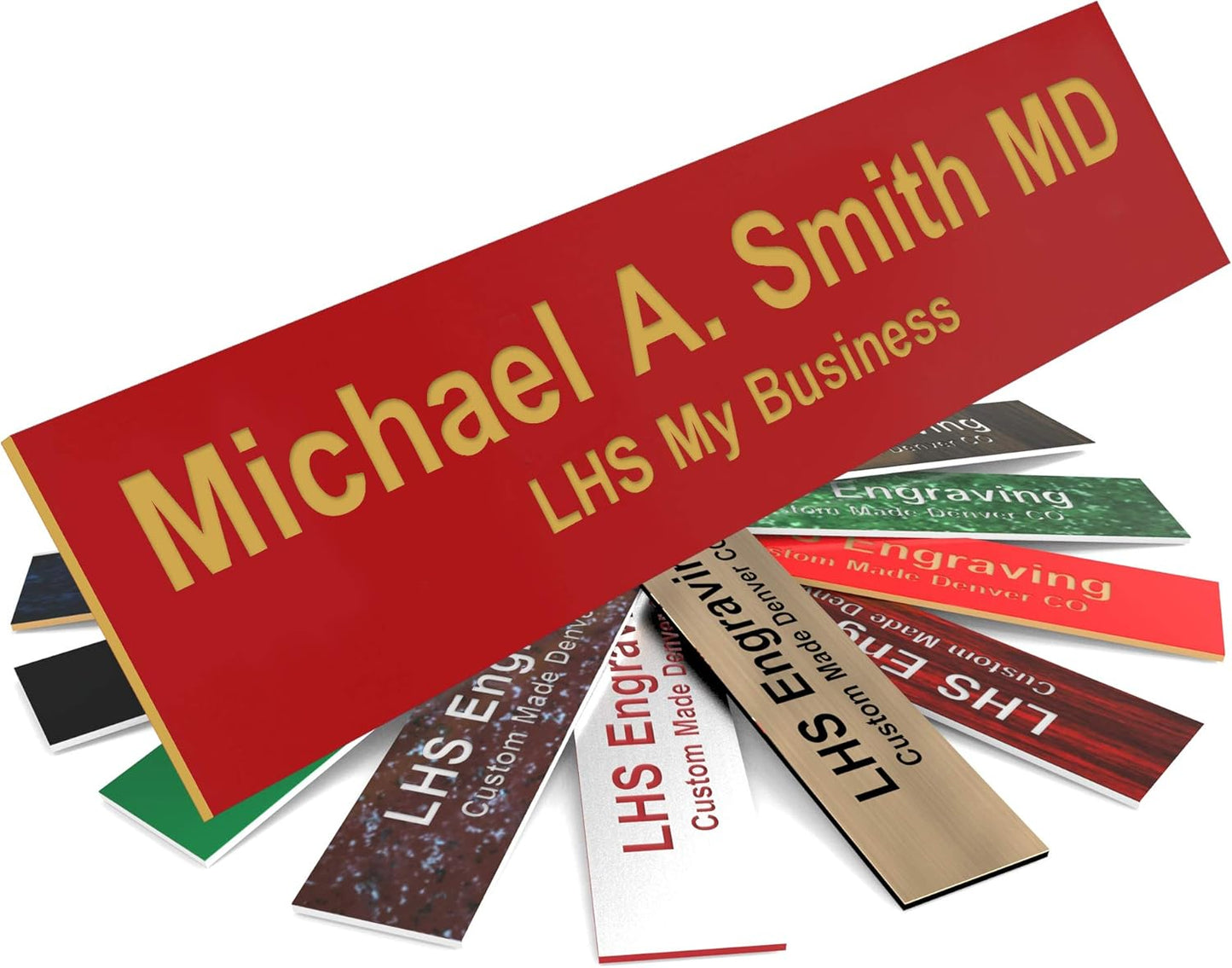 Engraved Name Plates for Door Sign Personalized Red Plastic Plaque with Gold Letters - Made in USA 2x4 B17