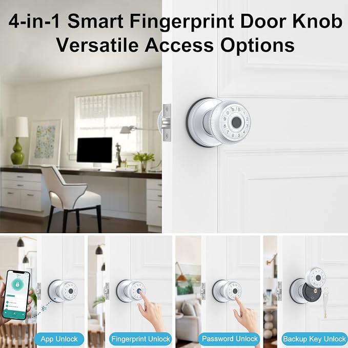 BIWIBON 4-in-1 Smart Door Knob, Fingerprint Door Knob - Image 2