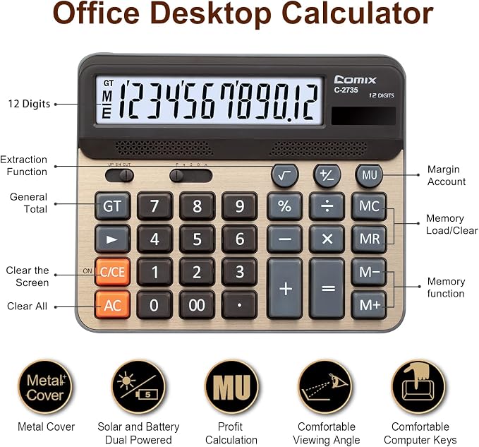 Comix Desktop Calculator, Large Computer Keys, 12 Digits Display, Champaign - Image 2