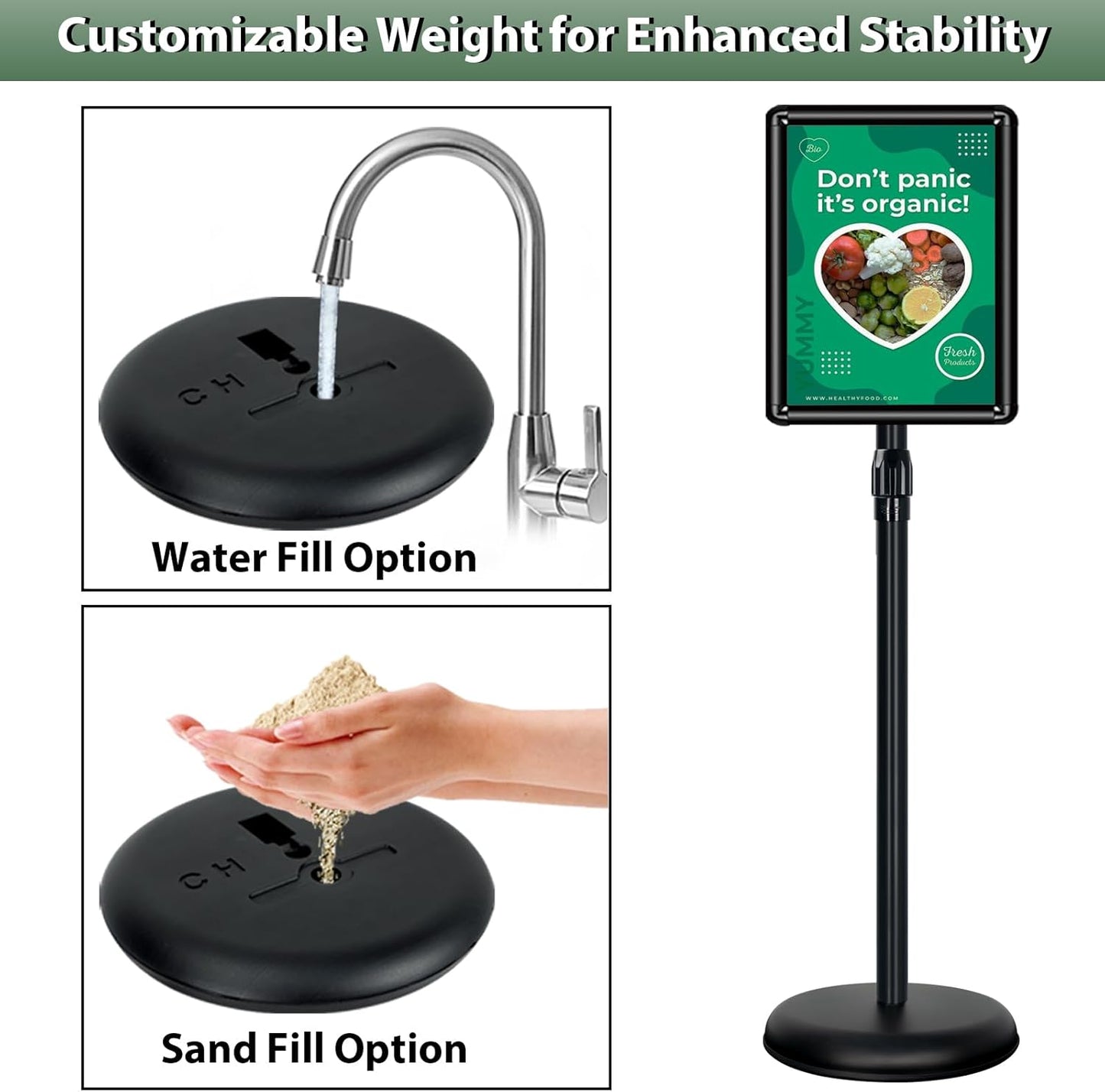11x17 inches Poster Stand Holder Adjustable Pedestal Floor Standing Sign Holder Vertical and Horizontal View Sign Display, Aluminum Snap Open Frame with Safety Corner, Black