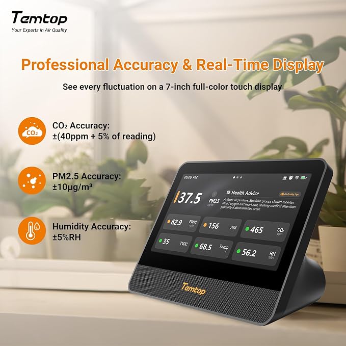 Temtop WiFi Air Quality Monitor M100 2nd Gen, 7 Inch Touchscreen CO2 Detector & - Image 7