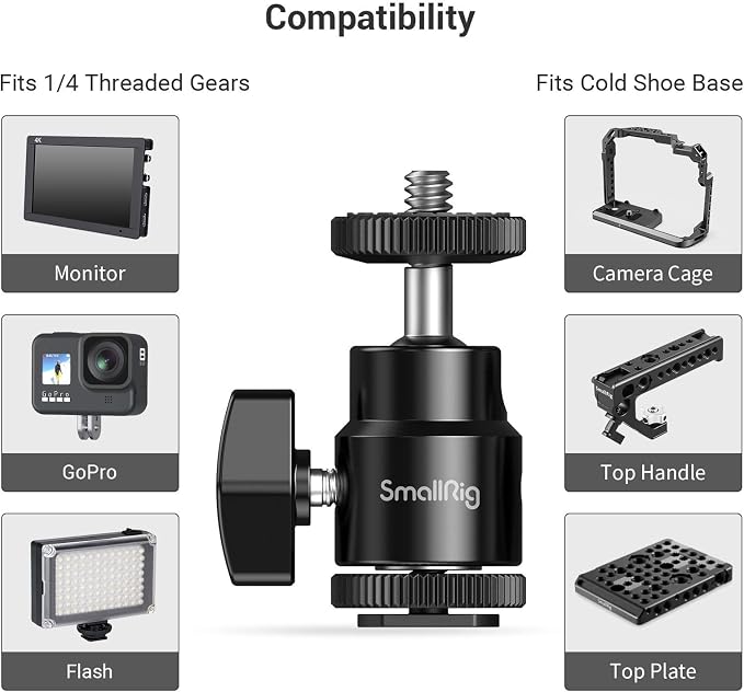 SmallRig 1/4" Camera Hot Shoe Mount, Ballhead Tripod - Image 5