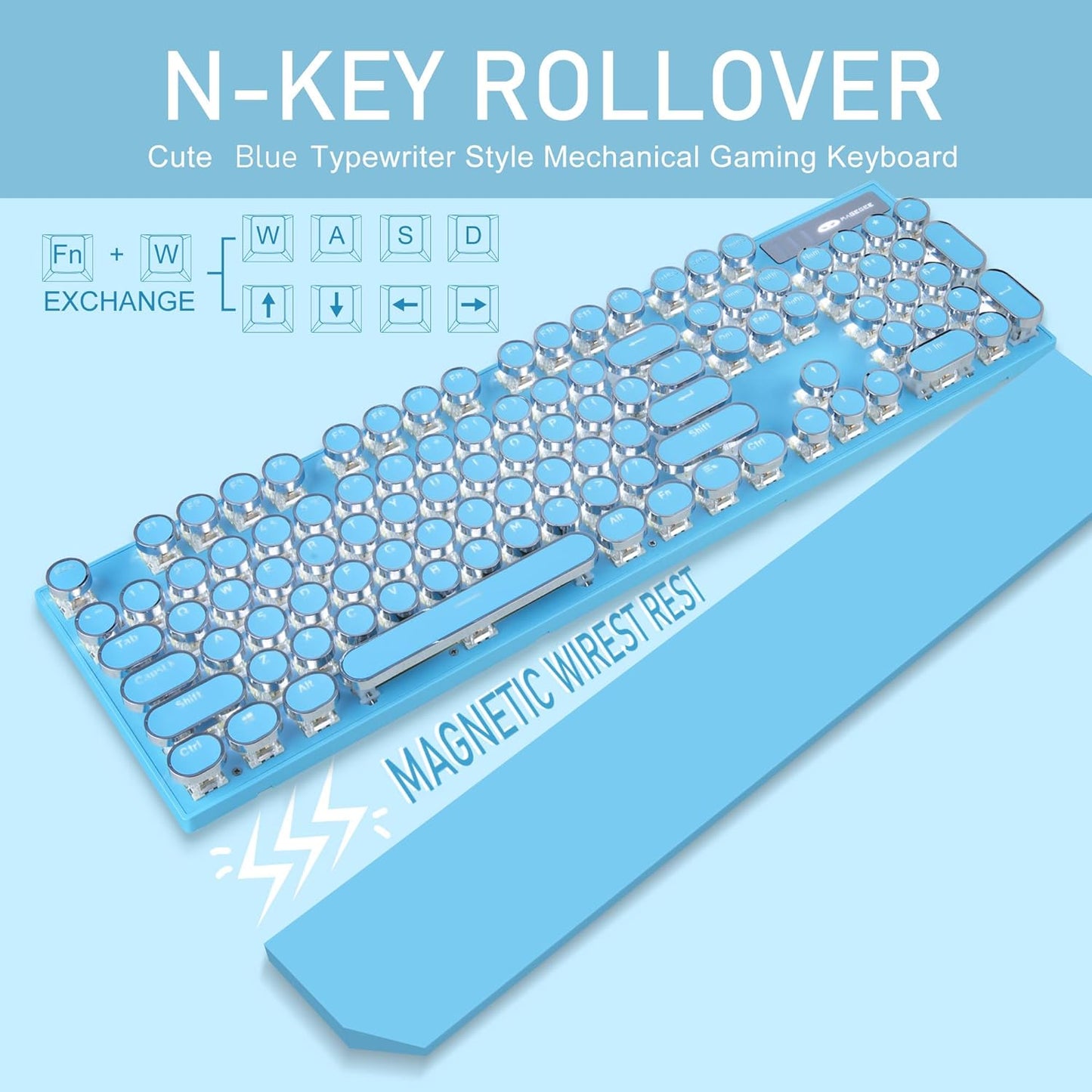 Typewriter Style Mechanical Gaming Keyboard,Retro Punk Gaming Keyboard with White Backlit, 104 Keys Blue Switch Wired Cute Keyboards with Detachable Wrist Rest,Blue Keyboards for Office/PC/Laptop
