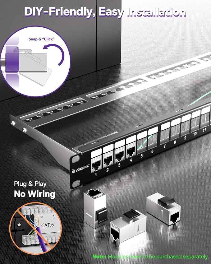 VCELINK 24-Port All Metal Blank Keystone Shielded Patch Panel, 1U Rackmount - Image 2