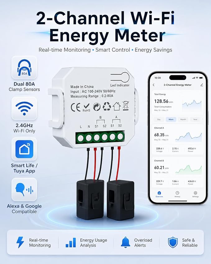 eMylo 2 Channel WiFi Power Meter 80A+80A Smart Power Monitor, Clamp Ammeter - Image 3