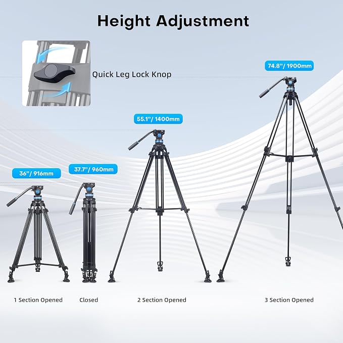 SIRUI AM-25S Video Tripod, 74.8" Professional Heavy Duty Tripod - Image 9