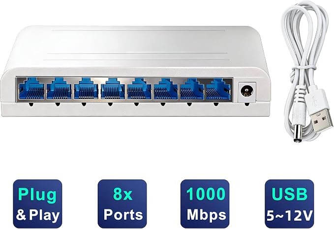 8 Port Gigabit Wired Ethernet Switch 1000Mbps USB 5-12V Powered White Plastic - Image 3