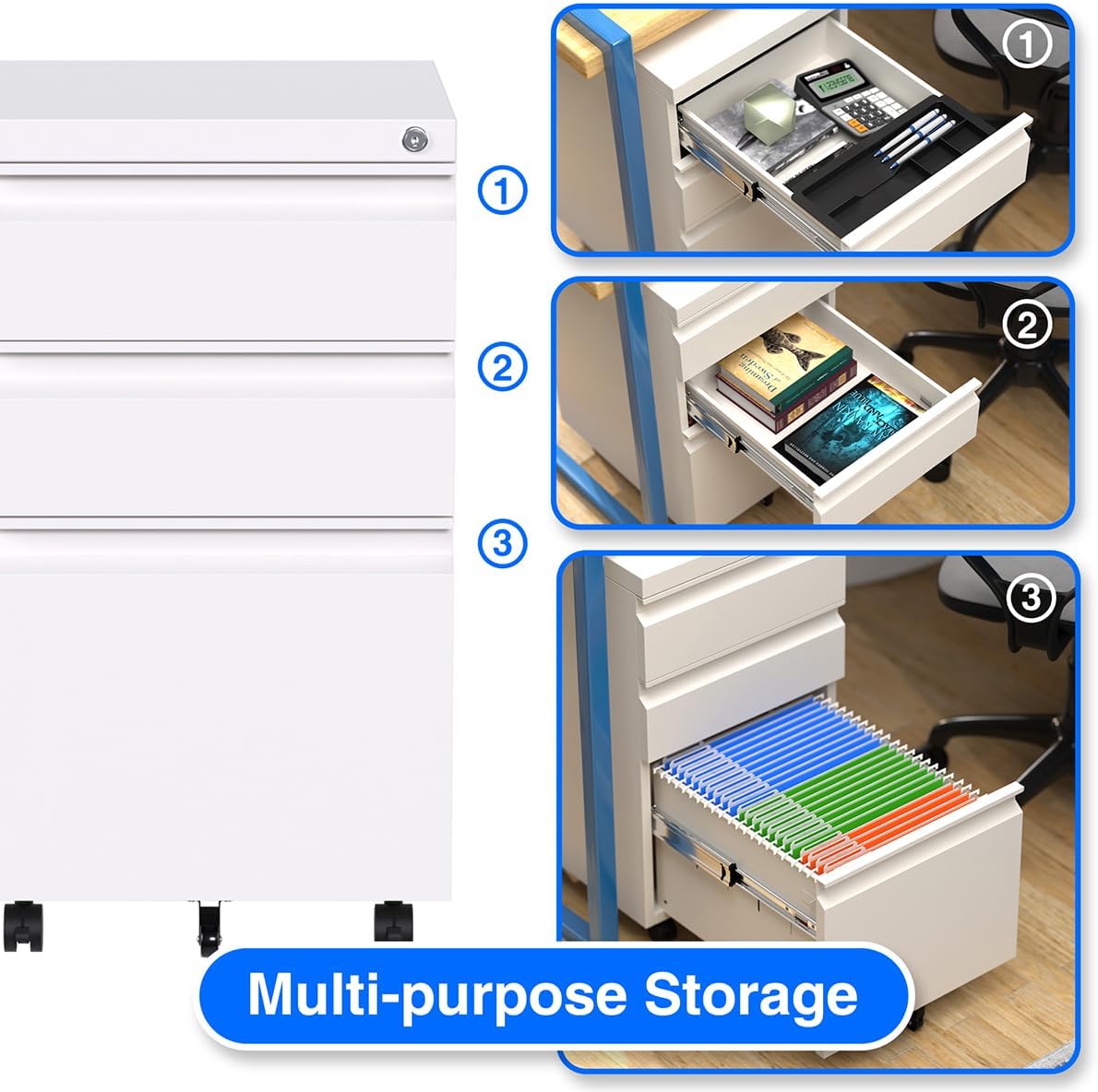 3 Drawer Mobile File Cabinet with Lock, Under Desk Metal Filing Cabinet for Hanging Files Letter/Legal/A4 Size for Home Office, Fully Assembled Except Wheels, White