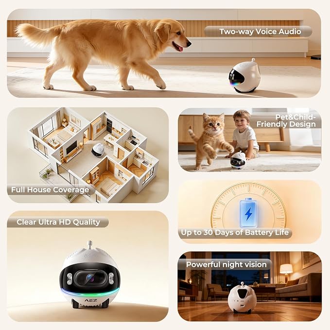 AEZ Robot Camera on Wheels 1080P Dual Lens, Indoor Movable Security Camera - Image 2