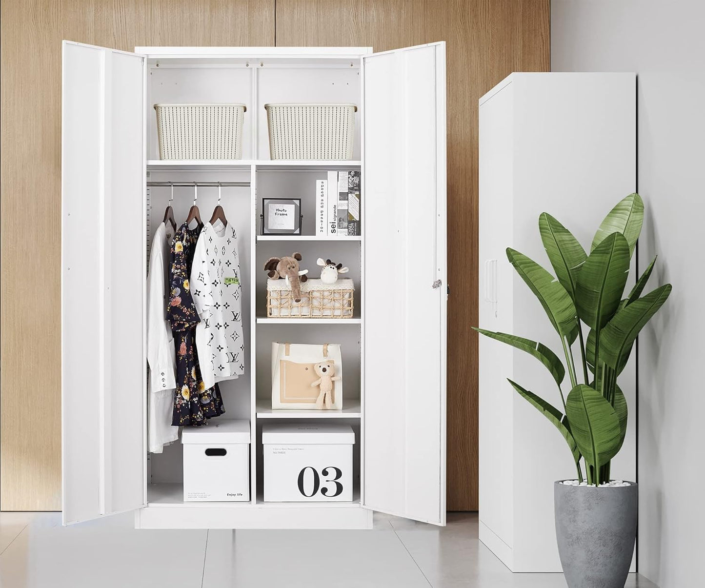 MIIIKO Steel Wardrobe with 2 Doors, White Metal Locker for Storage with Hanging Rod and 4 Shelves, Lockable for Bedroom and Home Office