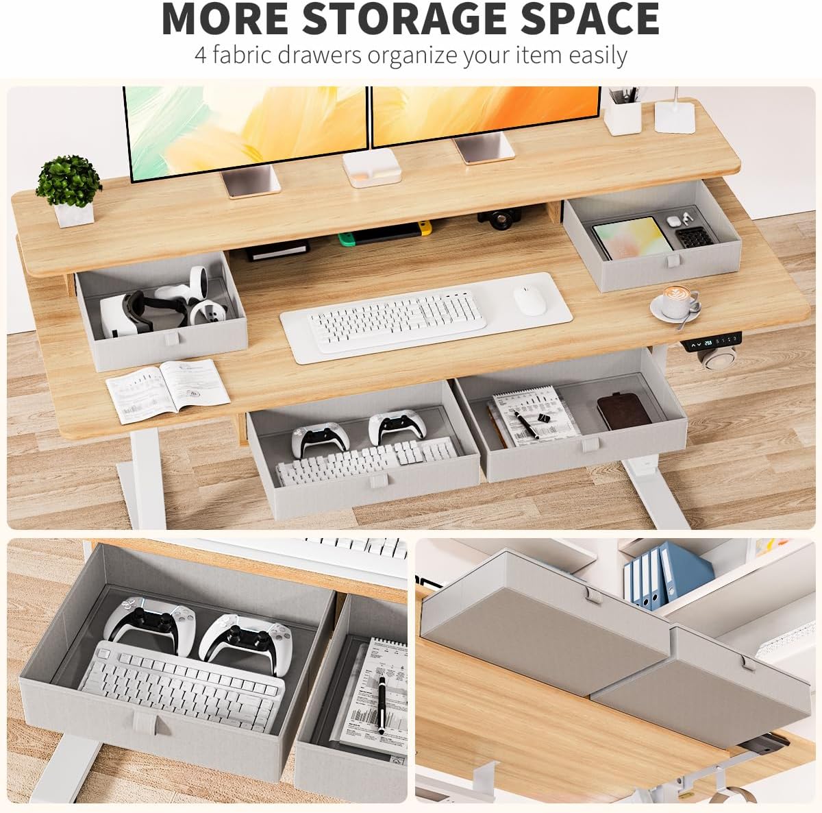 Standing Desk with Fast Charging USB Ports, 63" x 30" Height Adjustable Home Office & Gaming Desk, Sit Stand Desk with Built-in Storage Shelf, Hook & Ergonomic Design(Maple)