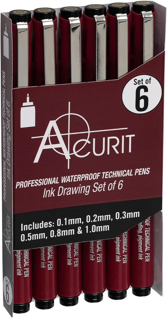 Waterproof Technical Pens - Professional Waterproof Technical Pen, Rich Blank Ink, Acid-Free, Light Fast, for Sketching, Drawing, CAlligraphy, & More! - [6-Pack - Assorted Sizes]