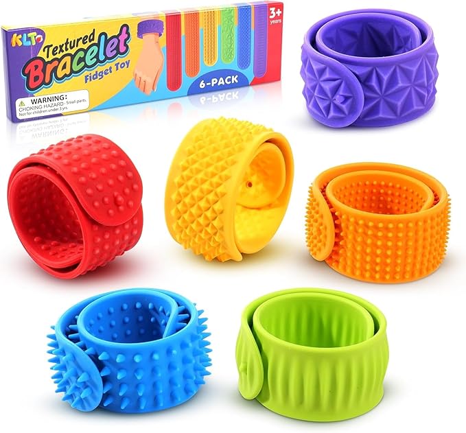 Sensory Fidget Toys for Kids: Textured Silicone Slap Bracelets 6 Pack, Stress by KLT