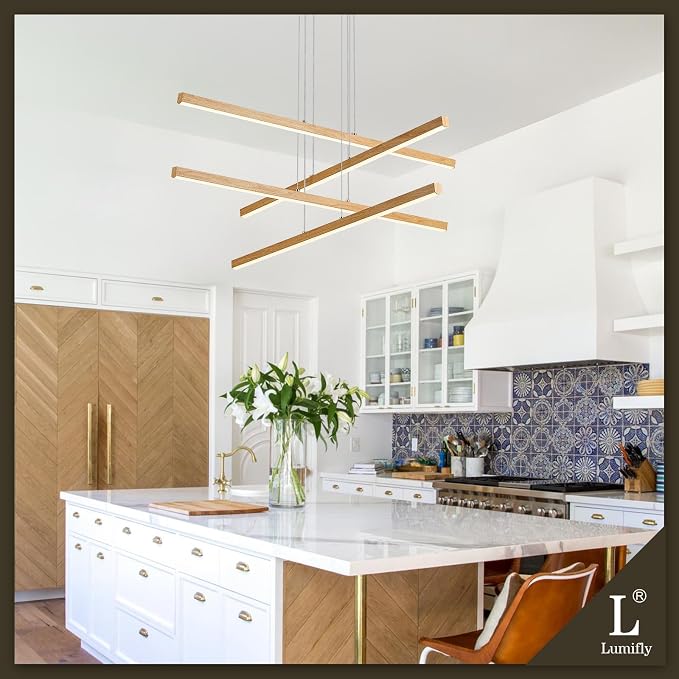 Linear Pendant Light Mdoern LED Chandelier 32" Boho Oak Wood Painted Ceiling - Image 2