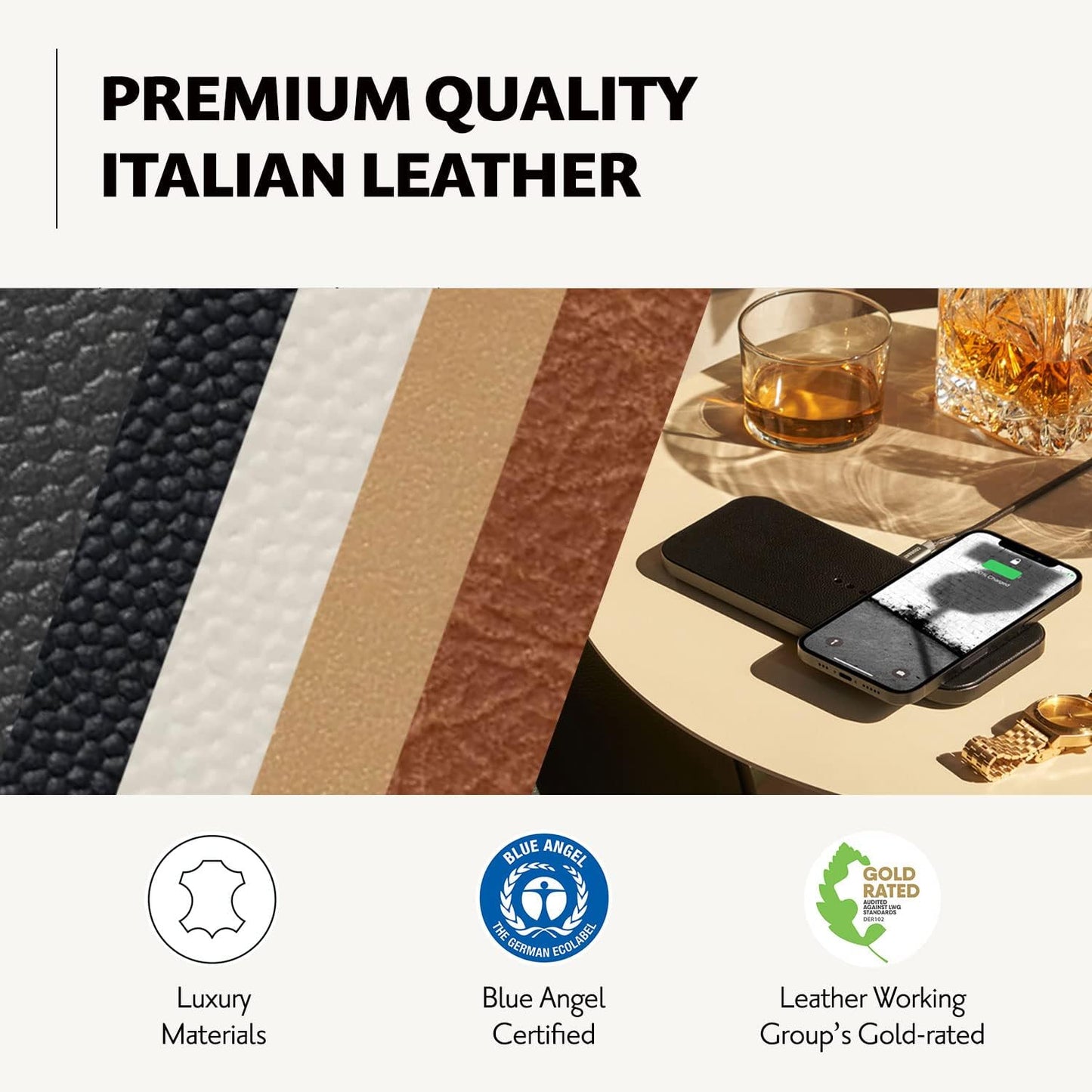Courant Catch:2 Classics - Italian Leather Dual Wireless Charging Pad - Compatible with iPhone 11, X, SE, Galaxy S23, S22, S21, S20, Note, AirPods, AirPods Pro (Black)