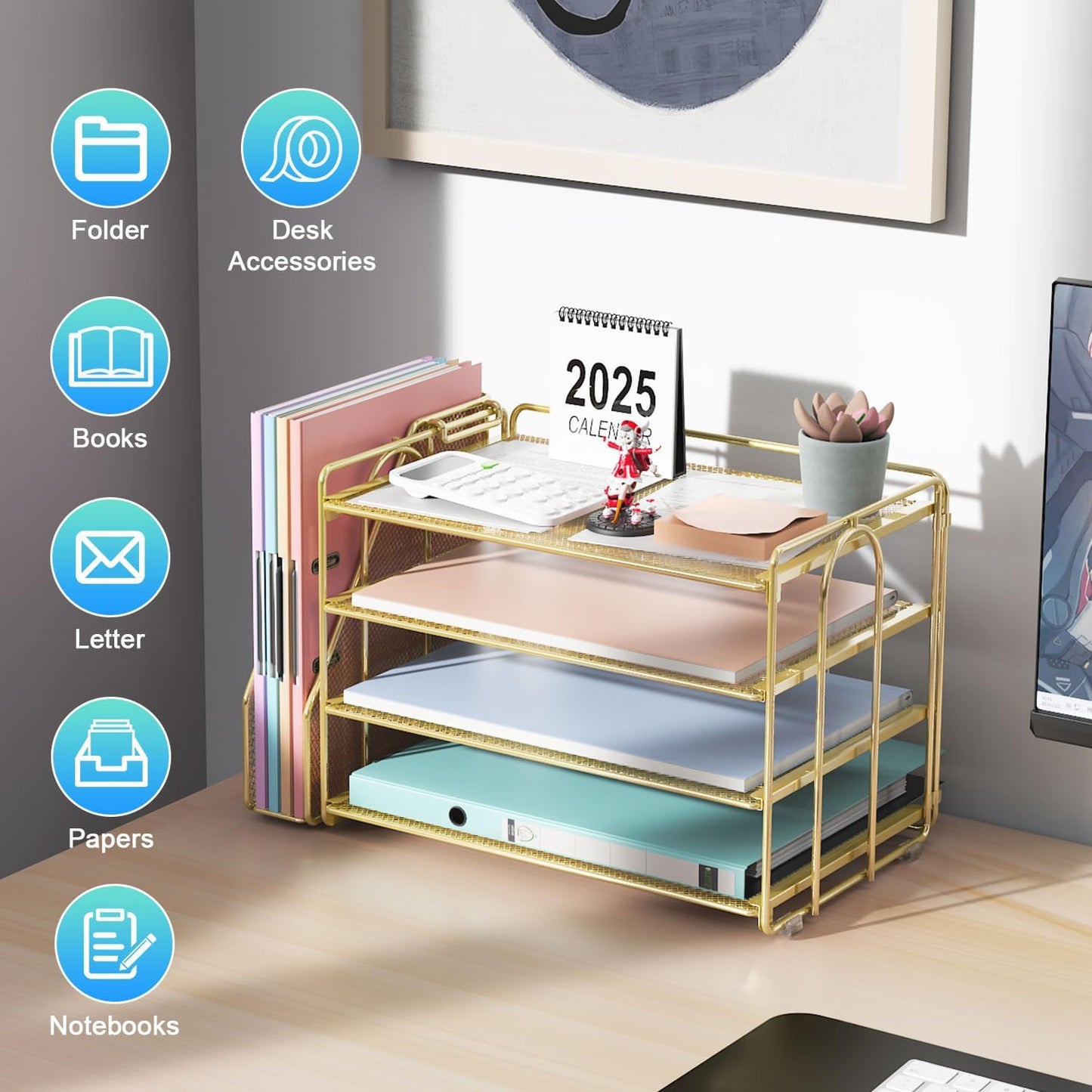 gianotter 4-Tier Paper Organizer With Magazine Holder, Desk Organizers and Accessories, Gold Desk Accessories, File Organizer for Office Supplies Storag(Gold)