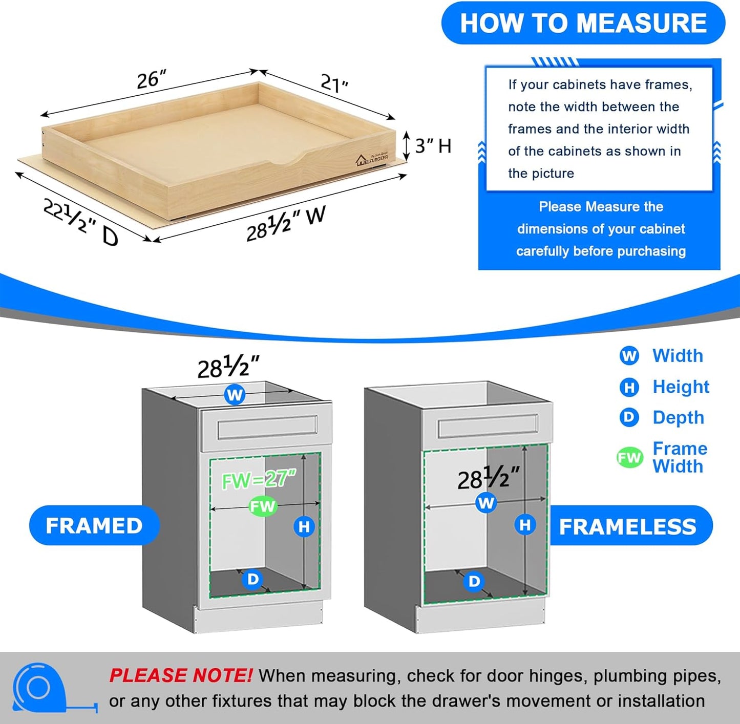 WelFurGeer Premium Birchwood Pull-Out Cabinet Drawers, 26" W x 22" D Pull Out Cabinet Organizer, Heavy-Duty Cabinet Organizer with Easy Installation, Space-Saving Pullout Drawer for Home & Kitchen
