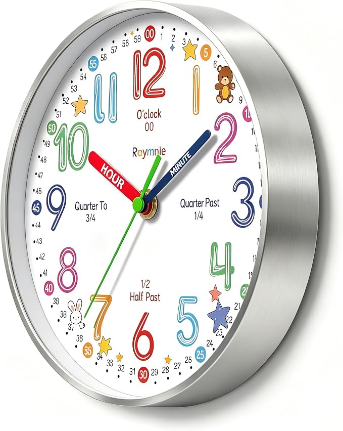 Roymnie Wall Clock Learning to Tell Time Easily Non Ticking Battery Operated - Image 2
