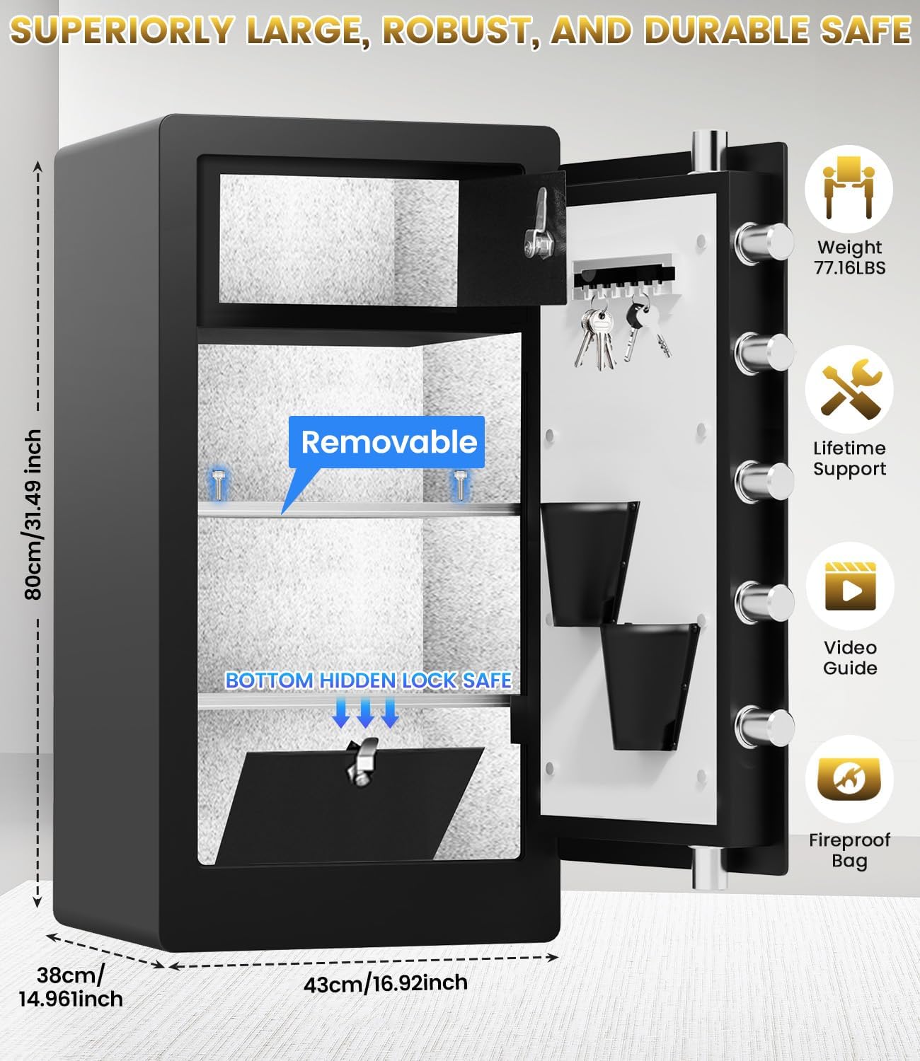 8.8 Cuft Heavy Duty Biometric Safe Box with Fireproof Waterproof Bag, Large Document Storage with Bottom Hidden Compartment, Anti-Theft Dual Alerts, Mute Mode, Digital Security for Business,