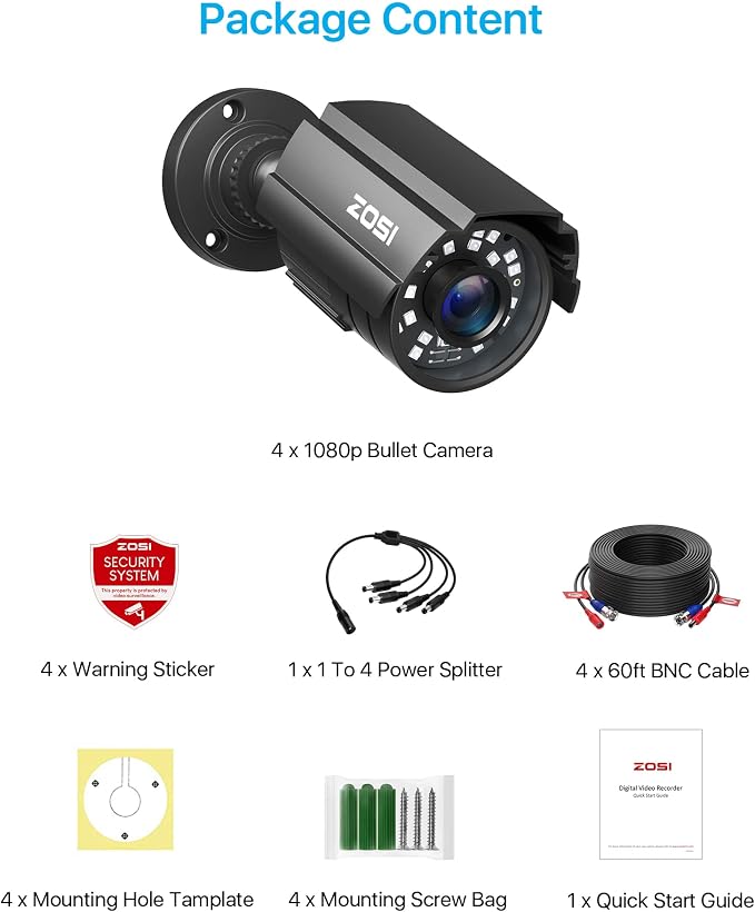 ZOSI 4PK 1920TVL 1080P Security Camera 3.6mm Lens 2MP CCTV Camera Home Security - Image 8