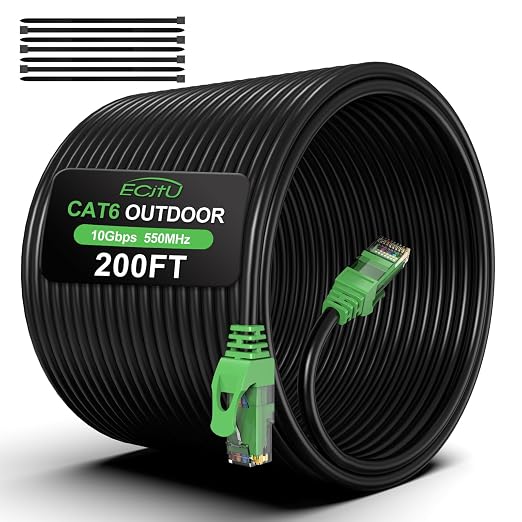 200FT Cat6 Outdoor Ethernet Cable, Heavy Duty Direct Burial, 24AWG CCA Patch by ECJTU-US
