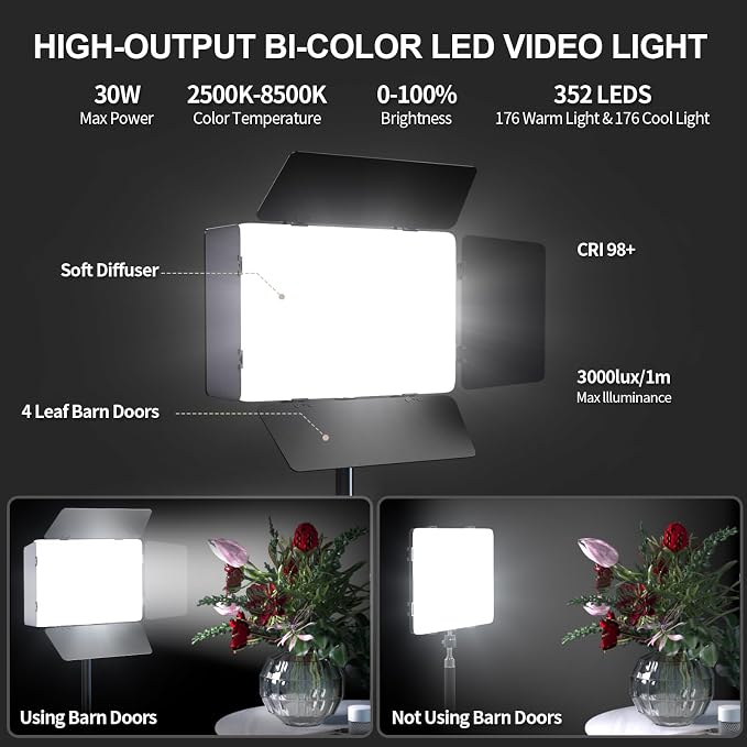 2 Pack LED Video Light with Barndoor, 30W Photography Lighting with Tripod Stand - Image 2