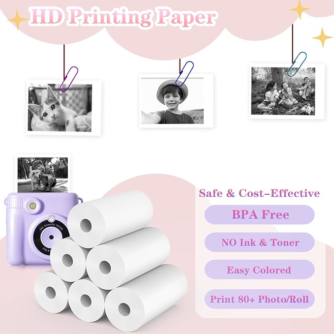 6 Rolls Kids Camera Instant Print Refill Paper Set, Phetium HD Printing Thermal - Image 2