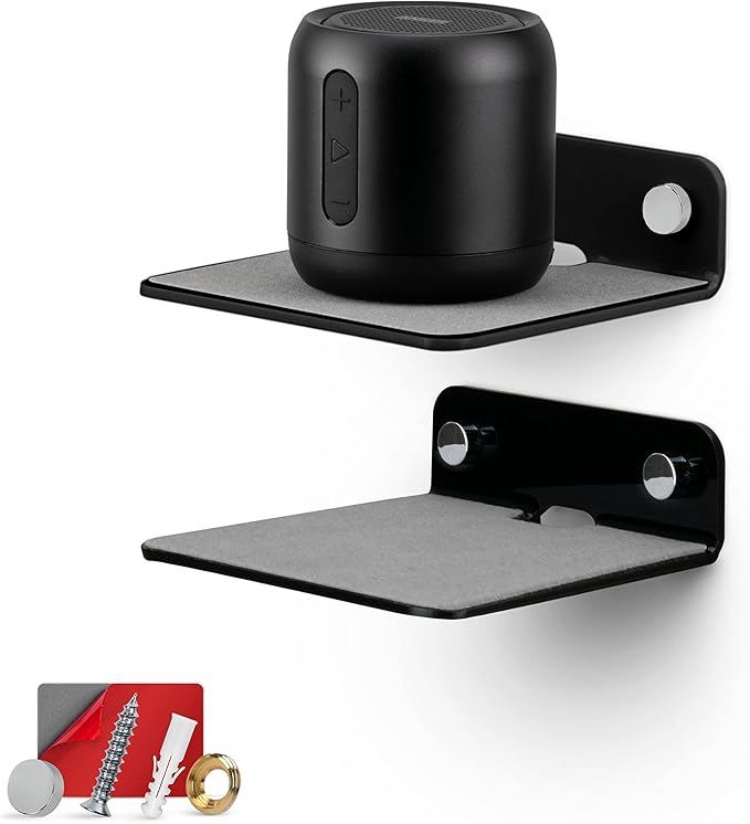 BRAINWAVZ 2-Pack 4” Small Floating Shelf Bluetooth Speaker Stand, Adhesive & by Brainwavz
