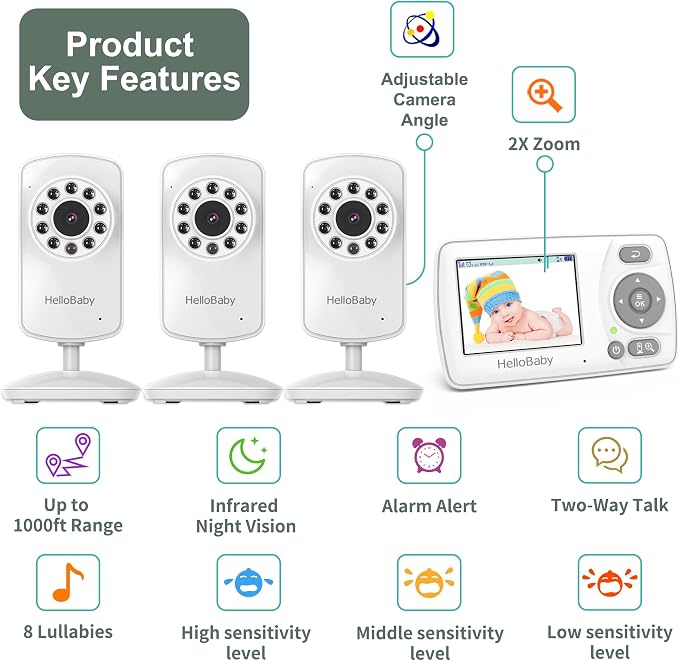 HelloBaby Monitor with 3 Cameras, 2.4'' Portable Travel Screen Baby Monitor No - Image 2