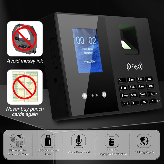 Employee Time Clock, Fingerprint Badge Attendance Machine, 0 Monthly Fee Office - Image 2