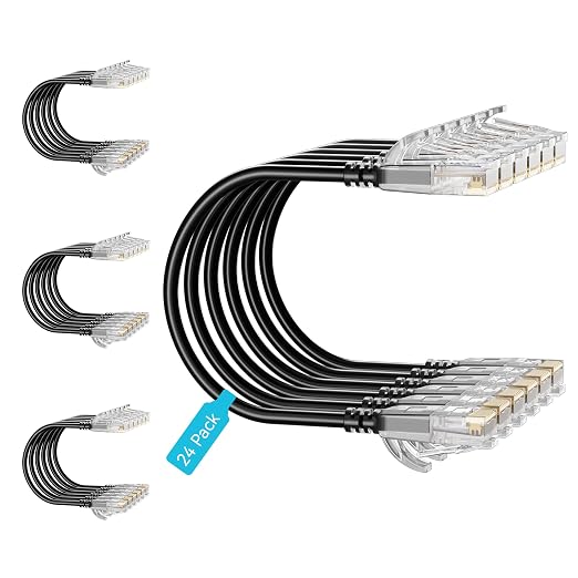 Cat6 Slim Patch Cables 1 Feet 24-Pack Black, Cat6a Patch Cables 10Gbps 550MHz by Unknown
