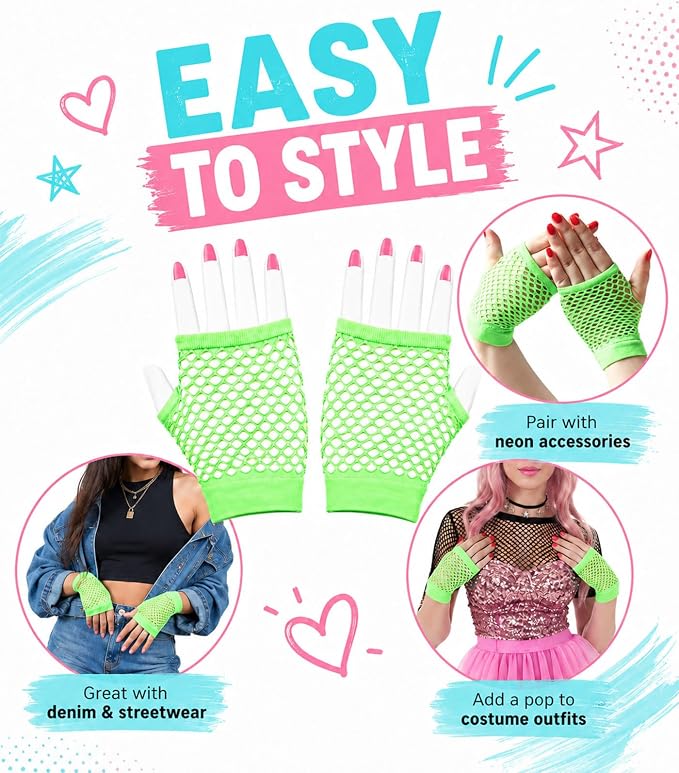 Seeksmile Women's Girls 80's Theme Party Emo Fingerless Arm Fishnet Gloves - Image 6