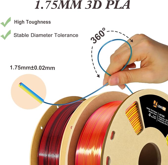 LOVOON Silk PLA 3D Printer Filament Bundle 2 KG, PLA Filament 1.75mm, Shiny - Image 5