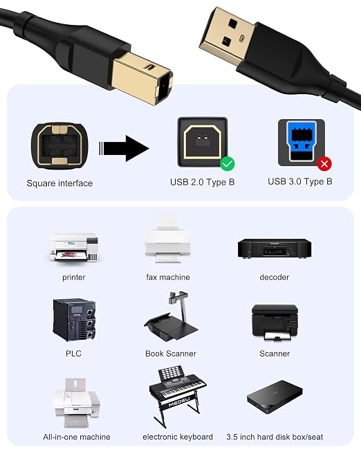 HP Printer Cable 20ft, Square USB A to USB B Cable - Image 3