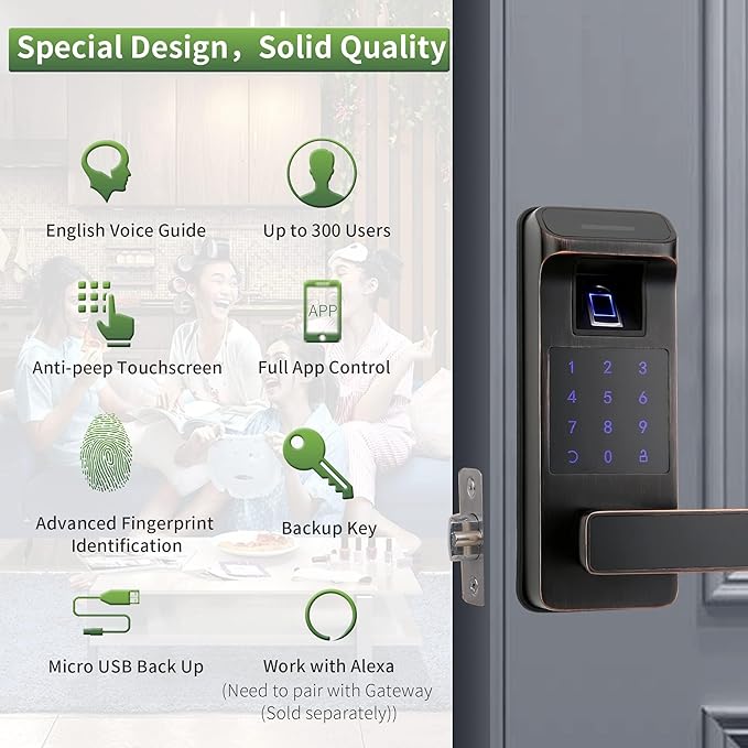 Smart Door Lock, Heavy Duty 5 in 1 Keyless Entry Door Lock, Full App Control - Image 2