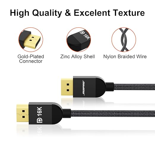 RUIPRO DisplayPort Cable 2.1, 16K DP Cable 6.6ft, Supports 80Gbps, 4K@240Hz - Image 2