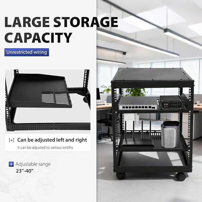 12U Open Frame Server Rack for IT & AV Gear 23-40 in Adjustable Depth Wall - Image 6