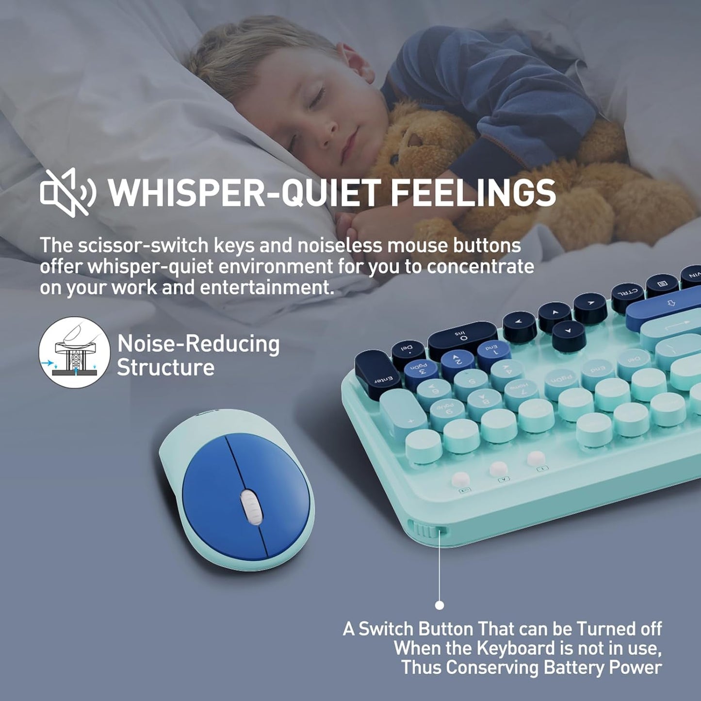 Keyboard and Mouse Wireless,2.4Ghz Retro Typewriter Style Round Keycap,Full Size Wireless Keyboard Mouse Combo,Cute Cordless Keyboard Mouse Set for PC Laptop Desktop Computer-Blue Black Colorful