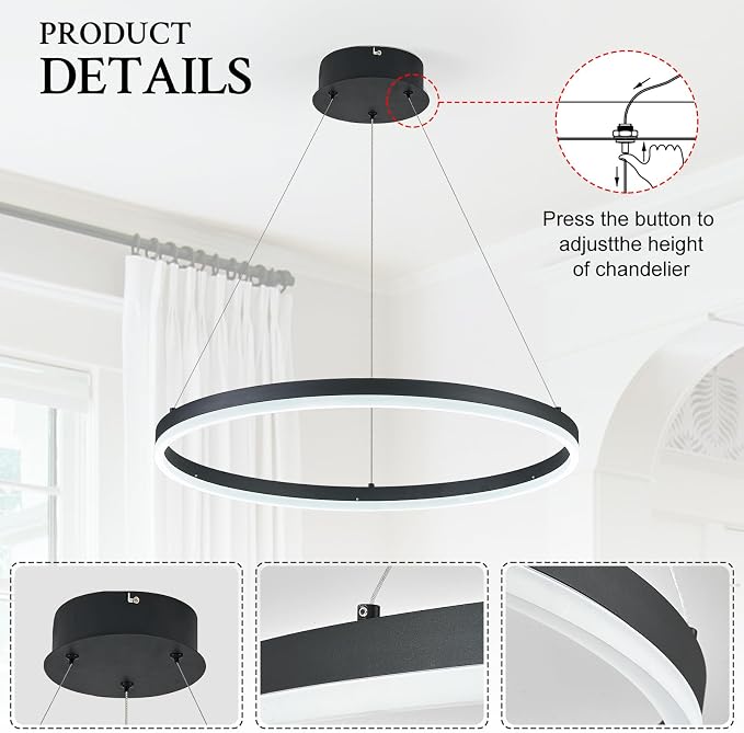 Modern LED Pendant Lighting Ring Chandelier Black Dimmable LED Chandelier - Image 3