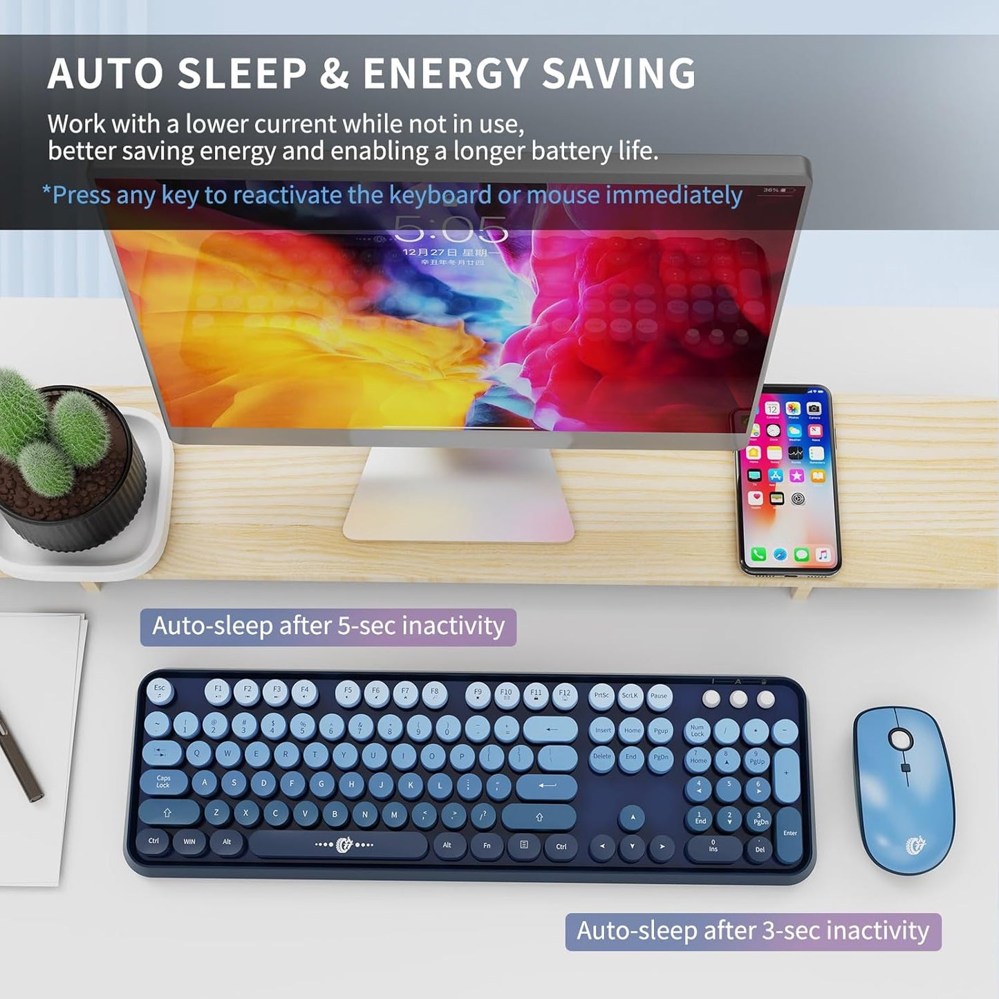 FOPETT Wireless Keyboard and Mouse Combo, 104 Keys Full-Sized 2.4 GHz Round Keycap Colorful Keyboards, USB Receiver Plug and Play, for Windows, Mac, PC, Laptop, Desktop (GradientBlue)