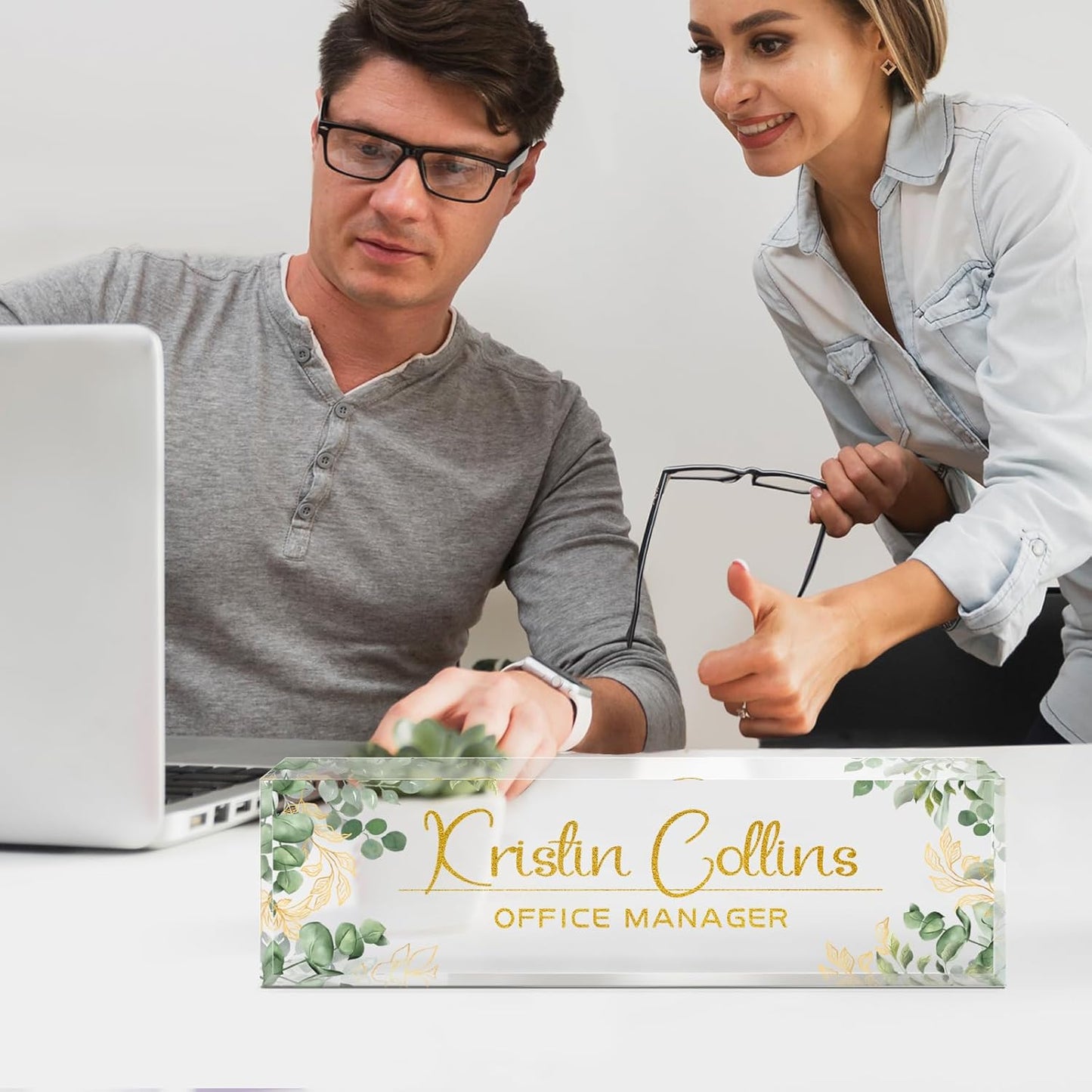 Custom Name Plate for Desk, Acrylic Office Decor For Women Men, Personalized Office Desk Accessories, Teacher Employee Appreciation Gifts For Social Worker Boss Coworkers (Green Leaves)