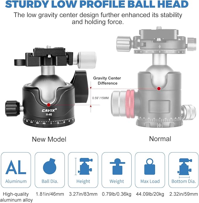 CAVIX Tripod Ball Head with 1/4" Arca Swiss Quick Release Plate Aluminium - Image 5