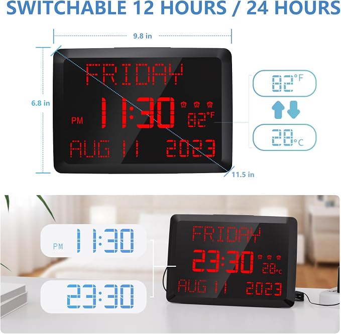 Raynic Digital Clock, 11.5" Large Display Digital Calendar Clock - Image 5