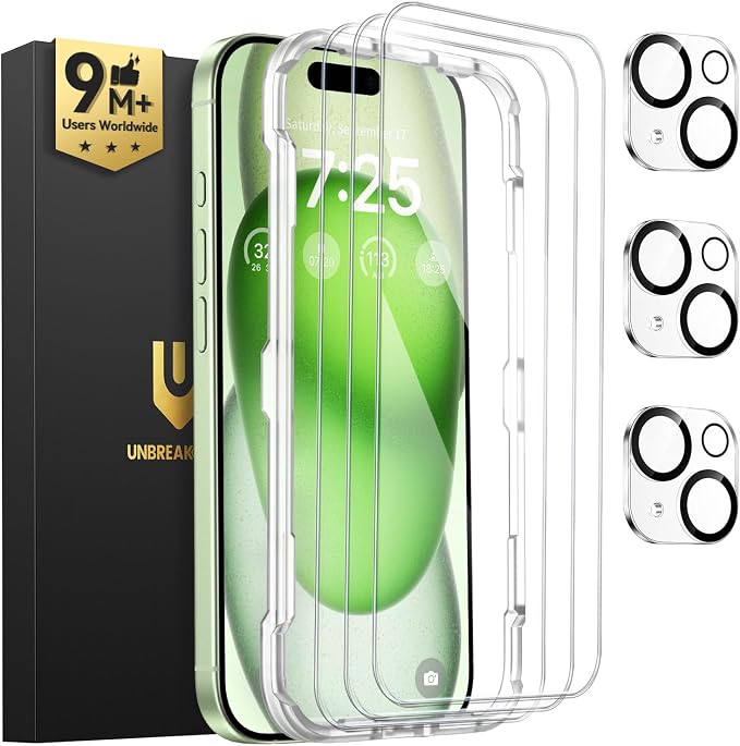 UNBREAKcable iPhone 15 Plus Screen Protector 3-Pack, Upgraded Dual-Tempered by UNBREAKcable