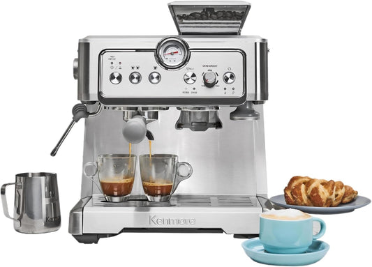 Kenmore Espresso Machine - Semi Automatic Coffee Maker With Auto Tamper, Auto Cleaning, Milk Steamer & Frother, Bean Grinder, Make Professional Barista Style Cappuccino, Café Latte, Stainless Steel