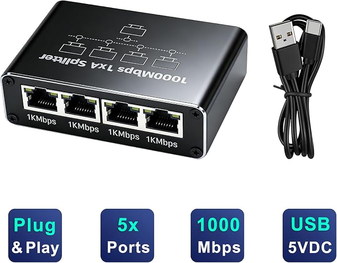 5 Port Gigabit Ethernet Switch Type-C 5V Powered 1 in 4 Out Network Hub Plug - Image 3